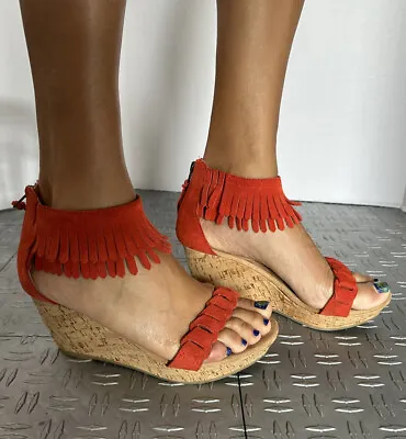 Minnetonka Women's Leather Red Open Toe Cork Wedge Fringed Sandal Size 8 71305 • $35