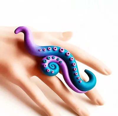 Octopus Tentacle Full Finger Adjustable Ring In Teal And Purple • £38