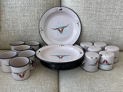 Monterrey Western Ware Longhorn Steer Enamelware - 12 Plates And 12 Cups Set • $400