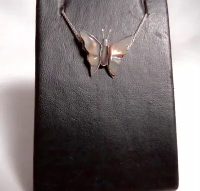 Vintage Sterling Silver Abalone Small Butterfly Pendant With Sterling Box Chain • $19.80
