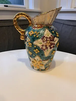 Vintage Belgium Majolica Pitcher #136 Gold Gilding And Bright Floral Pattern  • $50