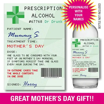 £3.29 • Buy Personalised MOTHERS DAY Prescription Bottle Label Sticker Gift WINE - GIN 163