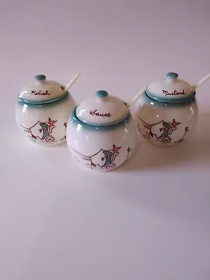 Vintage 9 Piece Porcelain Condiment Set Jars Lids Spoons • $29.95