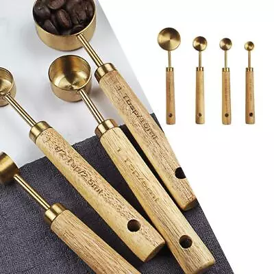 £10.86 • Buy Stainless Steel Measuring Cups Spoons Set Wood Handle Measuring Spoon