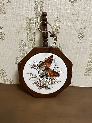 Vintage Wooden Trivet Hot Pad Butterfly W Flowers White Pink Brown Hanger • $12.95