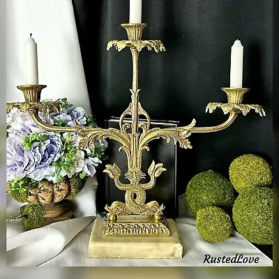 Antique Victorian Girandole Candlestick Marble & Brass Koi Fish Decorated  * • $219