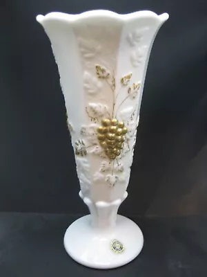 Vintage Westmoreland White Milk Glass Paneled Grape Pedestal Vase 8  Gold Trim • $12
