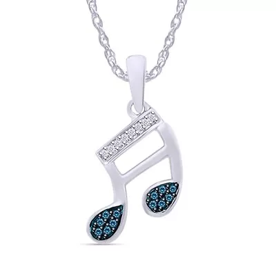 Real Blue & White Diamond Accent Music Note Pendant 18  Necklace Sterling Silver • $86.44