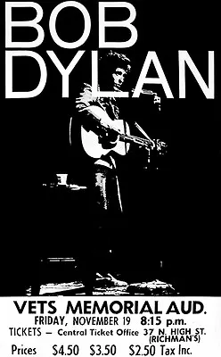 $14.99 • Buy Bob Dylan - 1965 - Vet's Memorial Auditorium - Concert Poster