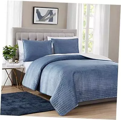  Velvet Sherpa Blanket Quilt Super Plush Quilt 3-Piece King 106*94  Blue • $102.77