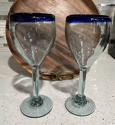Hand Blown Mexican Wine Glasses W Blue Rims 8  Tall 3  Wide • $22