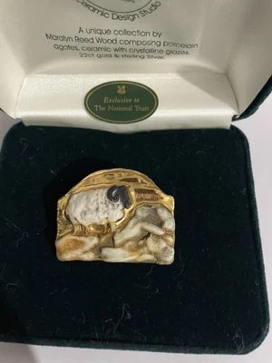 Shards Vintage 22ct Gold Porcelain Brooch Sheep Ceramic With Sterling Silver • £19.99