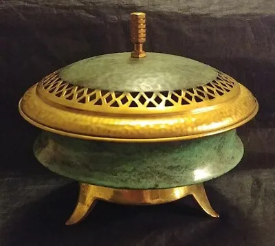 Vintage Oppenheim Brass Green Enamel 3-Footed Trinket Dish W/ Lid Israel (Z4) • $46.99