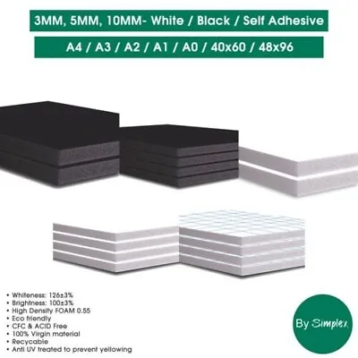 Simplex  A1  A2  A3  A4  A5   Foam Board - White & BLACK (Pack Of 10) 5mm Thick • £1.99