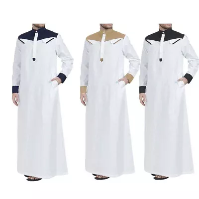 Men's Long Sleeve Muslim Clothing Saudi Jubba Arab Kaftan Thobe Long Dress Robe • $20.47