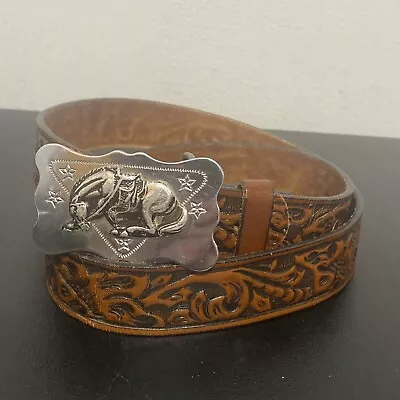 Hand Tooled Western Steer Hide Mens Size 36 Brown Leather Belt W/ Buckle • $16.99