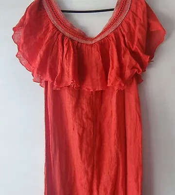 Haris Cotton Maxi Dress Medium 12 Off The Shoulder Long Red 100% Linen • $30