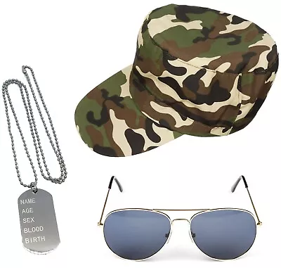 Army Fancy Dress Costume Top Halloween Hat Dog Tags Army Aviators Camo Unisex • £8.95