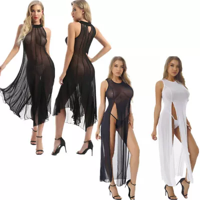 Women Sheer Mesh Long Maxi Dresses Beach Swimwear See Through Cover Ups+G-string • $7.51