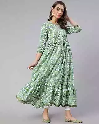 Indian Women Green Cotton Printed Flared Kurta Kurti New Long Style Dress Top • $38.27