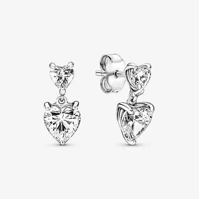 Pandora Double Heart Sparkling Stud Earrings Sterling Silver S925 ALE • £20