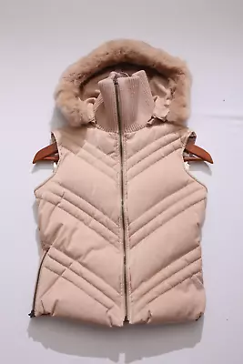 EUC S Bebe Pink Quilted Puffer Down Vest Turtle Neck Rabbit Fur Detachable Hood • $59.99