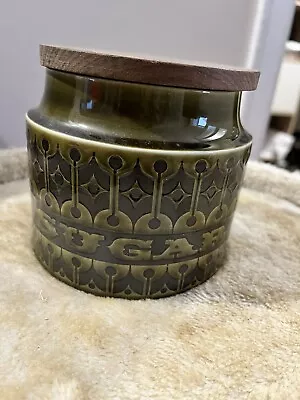 Vintage Hornsea Heirloom Green Sugar Storage Jar Pot Ceramic Wooden Lid • £10