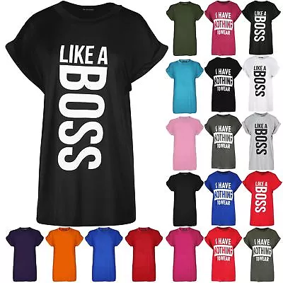 Women Ladies Varsity Turn Up Sleeve Oversize Like A Boss Print Baggy T-Shirt Top • £4.49