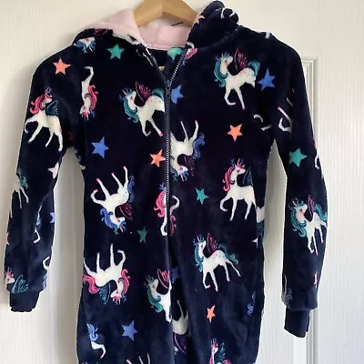 Girls Matalan Blue Fleece Unicorn Pyjamas One Piece - Age 8 Years • £10