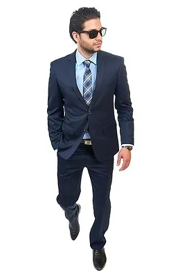 Slim Fit Suit 2 Button Solid Navy Blue Notch Lapel Flat Front Pants By AZAR MAN • $99