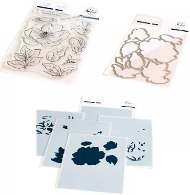 New! Pinkfresh Studio Magnolia Stamp Set Die Set & Layering Stencil Set Bundle • £29.99