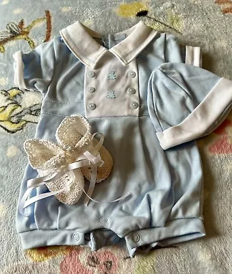 Stunning Sailor Style Baby Boy Romper Hat And Bootees Newborn Outfit READ DESC • £4.99