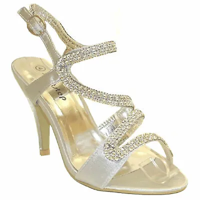 Womens Satin Diamante Strappy Slingback Bridal Wedding Party Sandals Size F-8817 • £7.99