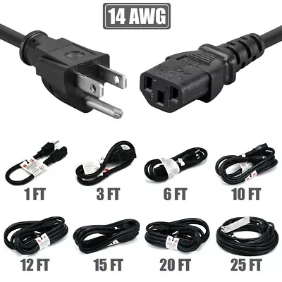 1 3 10 12 15 20 25FT Power Cord Cable PC Monitor 5-15P To C13 14AWG 3-Prong LOT • $57.54