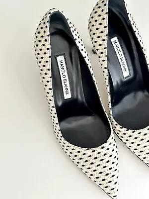 NEW MANOLO BLAHNIK Polka Dotted Tweed Pumps In Black/White Size 38.5 • $537