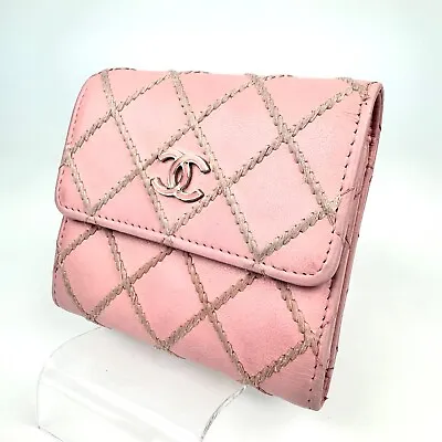 CHANEL Wild Stitch Trifold Mini Leather Lambskin Pink Women Wallet • £184.05