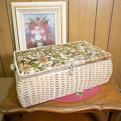 VTG Wicker Sewing Basket Floral Large 1970s Filled With Contents Supplies • $19.99