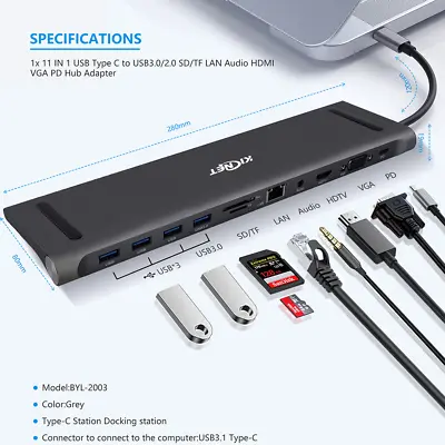 $85.45 • Buy 11 In 1 USB C HUB To HDMI 45 RJ45 LAN 1000Mbps SD TF Card Reader VGA PD Aux Port
