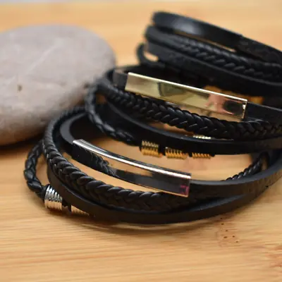 £7.99 • Buy Men Handmade Leather Braided Surfer Wristband Bracelet Bangle Steel Clasp