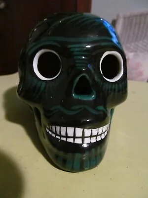 SUGAR SKULL Day Of The Dead Mexican Folk Art 5  Teal Clay Pottery Ceramic New • $19.75