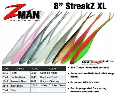 Brand New - ZMan StreakZ XL 8'' Jerkbait Soft Plastic Fishing Lure - Choose Colo • $16.05