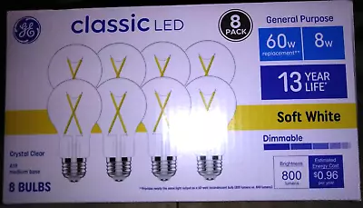 GE 60-Watt A19 Soft White LED Glass Light Bulbs 800 Lumens (8 Pack) ~ NEW • $15.96