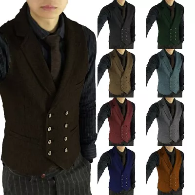 Mens Tweed Waistcoat Vests Vintage Herringbone Double Breasted Cowboy Retro Vest • $33.98