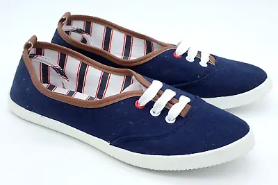 H&M Boat Walking Shoes Blue Canvas Flats Faux Leather Trim Women’s Size 7 • $12.60