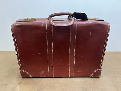 Vintage Leather Brown Luggage Suitcase Briefcase Decor Cowhide Train Case Lock • $37.99