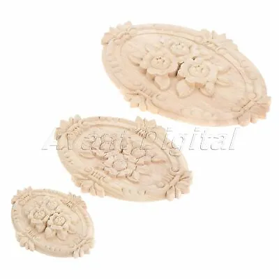 Wood Carved Decal Oval Wooden Onlay Applique Furniture Table Wardrobe Decor 1pc • $4.49