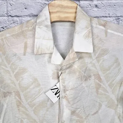 Zara Men Cream Leaf Hawaiian Short Sleeve Button Up Camp Cotton Shirt Size XL • $29.99