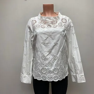 J Crew Womens White Long Sleeve Mock Embroidered Floral Eyelet Scallop Hem Top 6 • $15.71