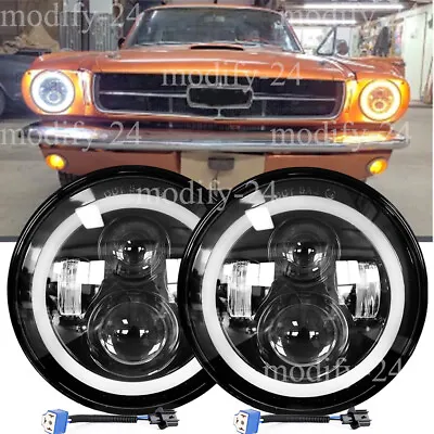 Pair Fit Ford Mustang 1965-1978 7  INCH Round LED Headlights Halo DRL Angel Eyes • $43.98