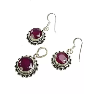 925 Solid Sterling Silver Natural Ruby Handmade Earring Pendant Set. Ethnic Gift • $37.41